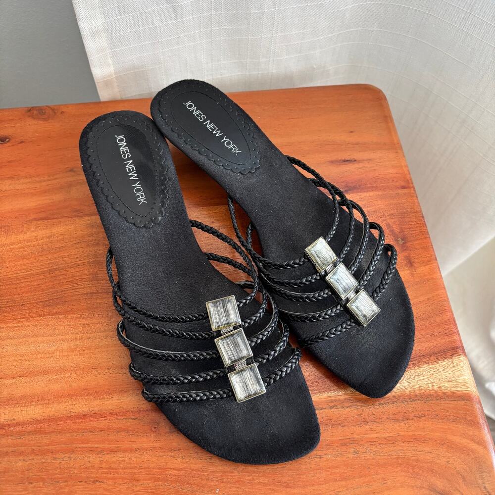 Early 2000s Vintage Jones New York Leather Braided Strappy Jewel Kitten Heels 8